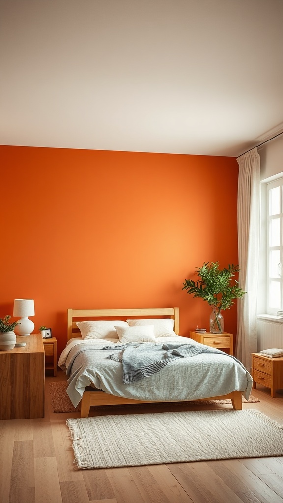 A cozy bedroom featuring a burnt orange accent wall, light wood furniture, and soft bedding.