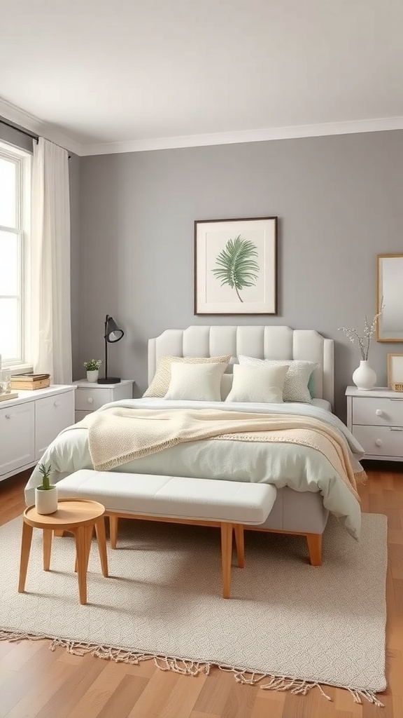 A cozy bedroom featuring warm gray walls, light bedding, and wooden furniture.