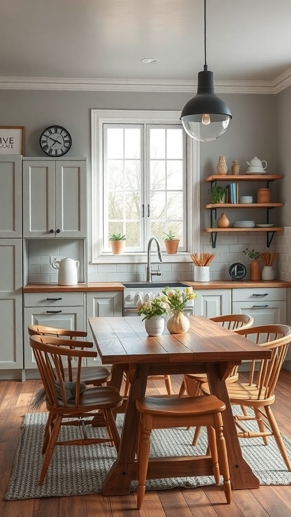 A cozy kitchen featuring warm grey walls, wooden accents, and a dining table with wooden chairs.