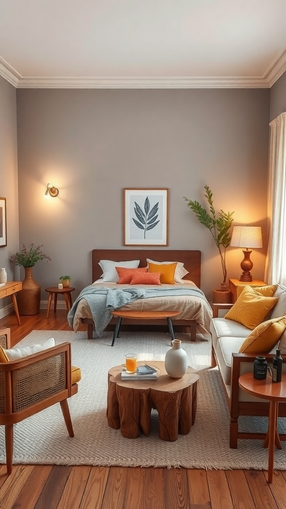 Cozy living room with warm grey walls and earthy tones in furniture and decor.