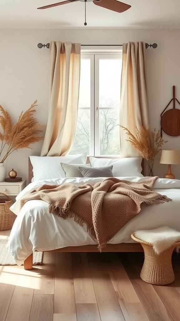 A cozy farmhouse bedroom featuring warm hues, earthy textiles, and natural decor.