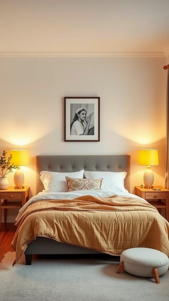 A small masculine bedroom featuring warm lighting accents, a cozy bed with an orange quilt, and framed artwork.