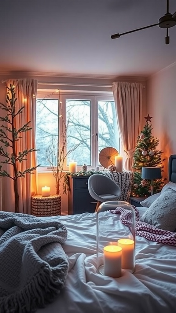 A cozy winter bedroom with warm lighting, candles, and a decorated Christmas tree.