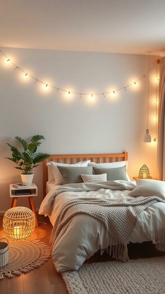 A cozy Scandinavian boho bedroom featuring warm lighting accents with string lights and soft textiles.