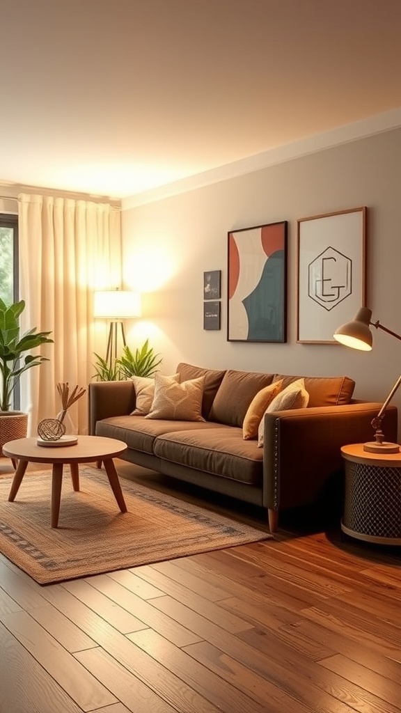 A cozy living room featuring a brown couch, warm lighting, and plants.