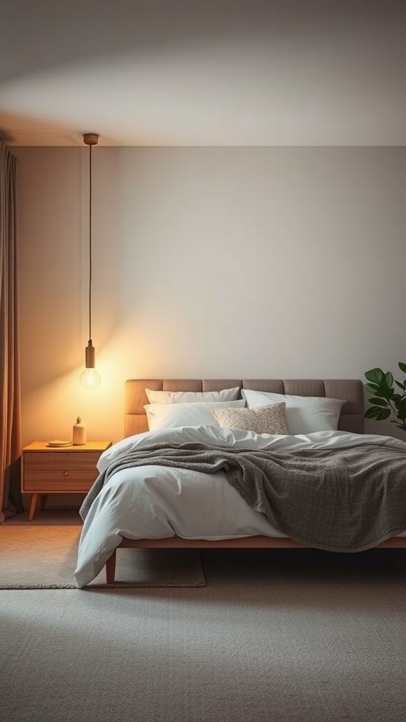 Cozy neutral bedroom with warm lighting fixtures