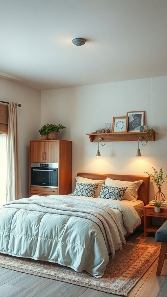 A cozy kitchen with warm lighting fixtures, showcasing earthy tones and a welcoming atmosphere.