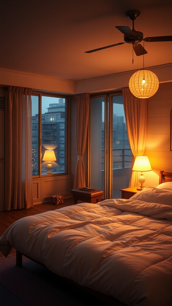 A cozy Korean bedroom with warm lighting from lamps and a pendant, soft curtains, and a comfortable bed.