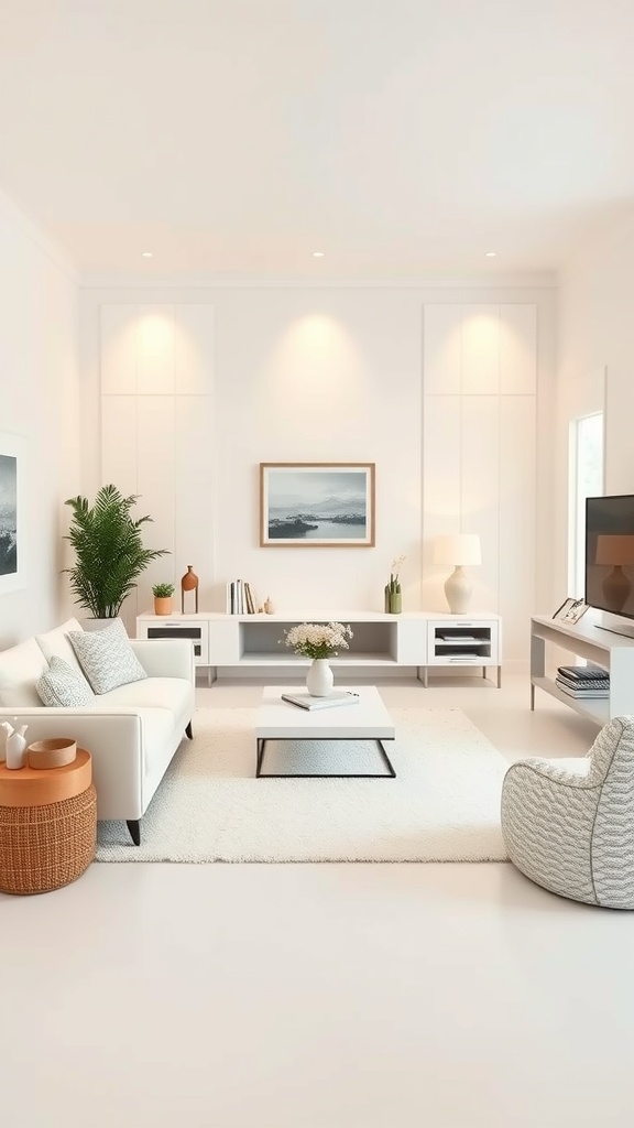 A bright white living room with warm lighting, featuring a cozy sofa, decorative plants, and a soft rug.
