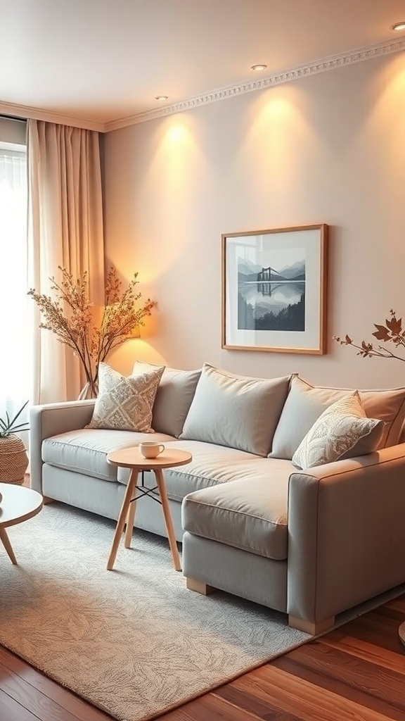 A cozy living room featuring a light gray couch, warm lighting, and decorative elements.