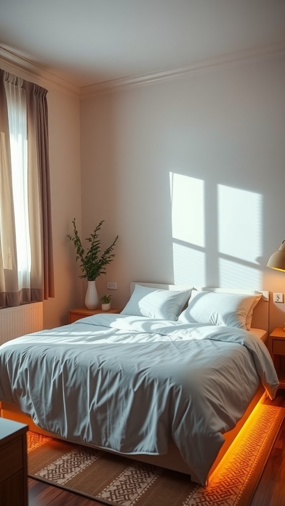 A small bedroom featuring a king bed with warm lighting and a cozy atmosphere.