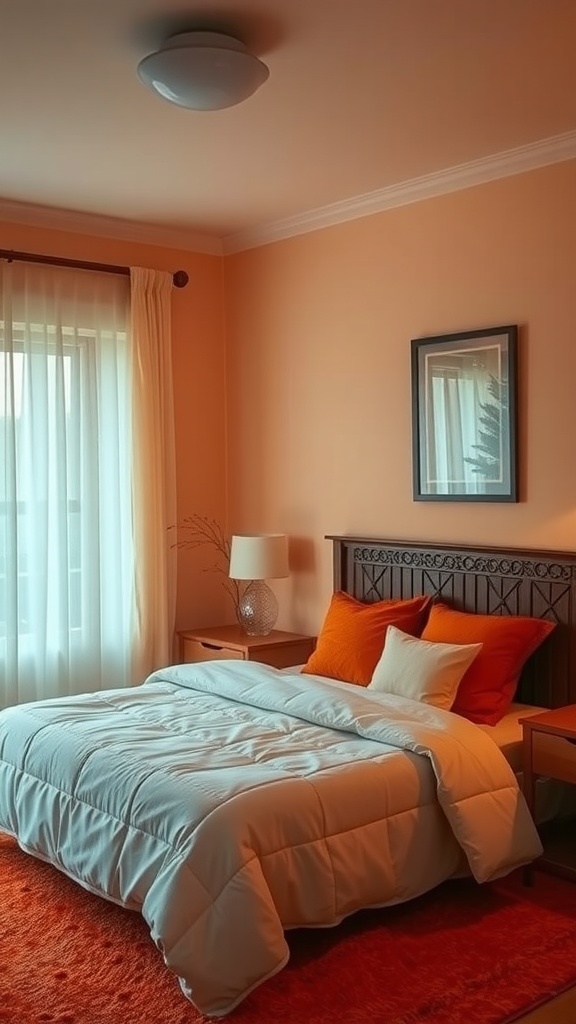 A cozy bedroom featuring burnt orange walls, a white bedspread, and warm lighting.