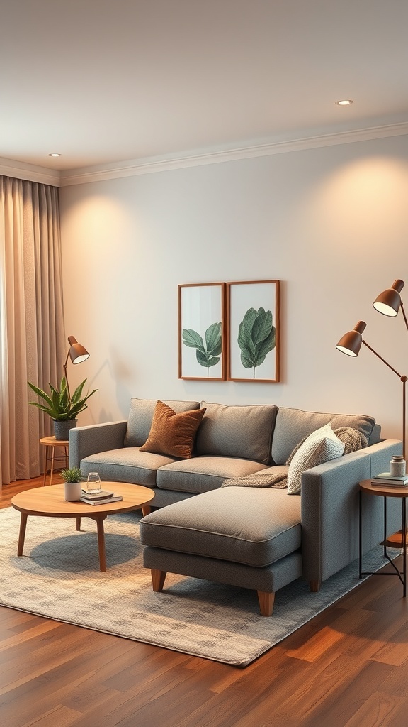 A cozy living room featuring a grey couch, warm lighting, and decorative elements.