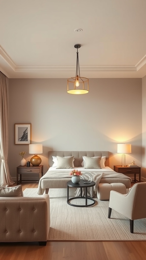 A beige living room with warm lighting, featuring a cozy bed, side tables, and comfortable seating.