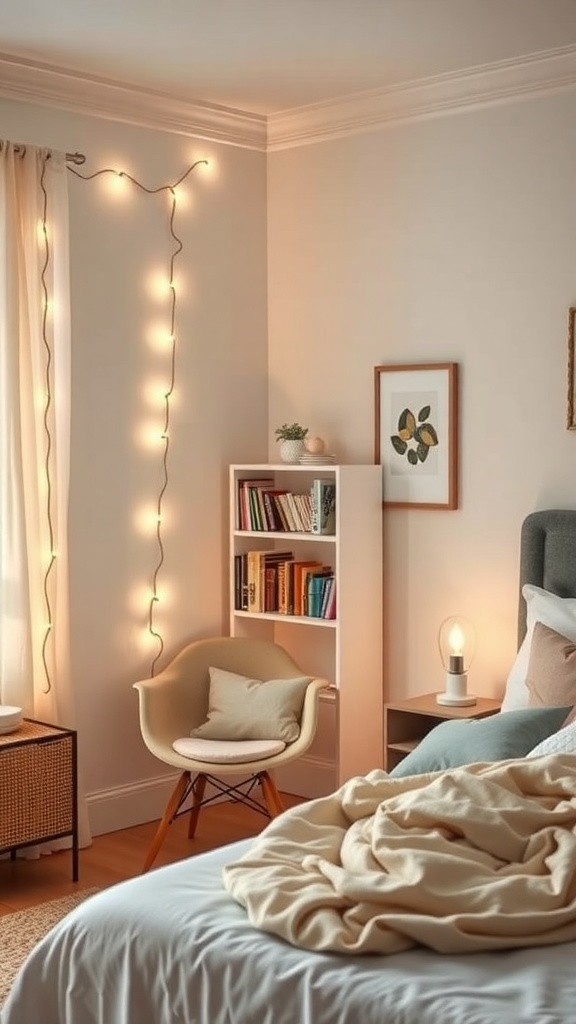 A cozy bedroom with warm lighting, a reading nook, and a bookshelf.