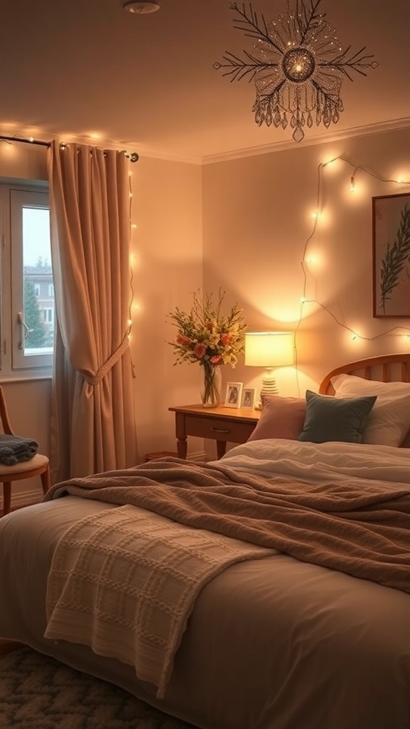 A cozy winter bedroom with warm lighting, featuring string lights, a chandelier, and soft bedding.
