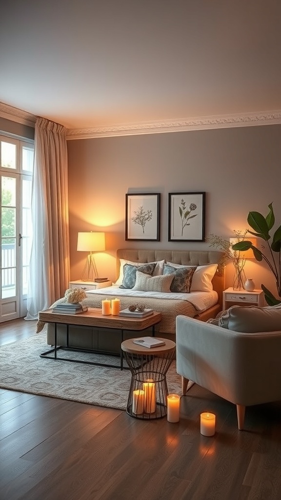 Cozy living room with warm lighting, featuring a bed, candles, and plants.