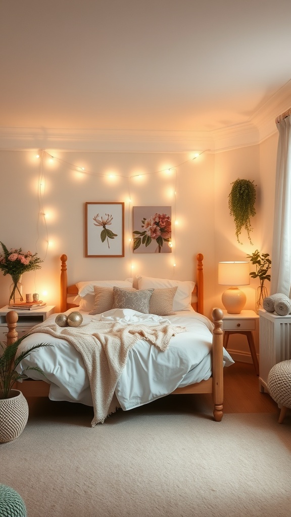 A cozy room with warm lighting, featuring string lights, a bedside lamp, and decorative plants.