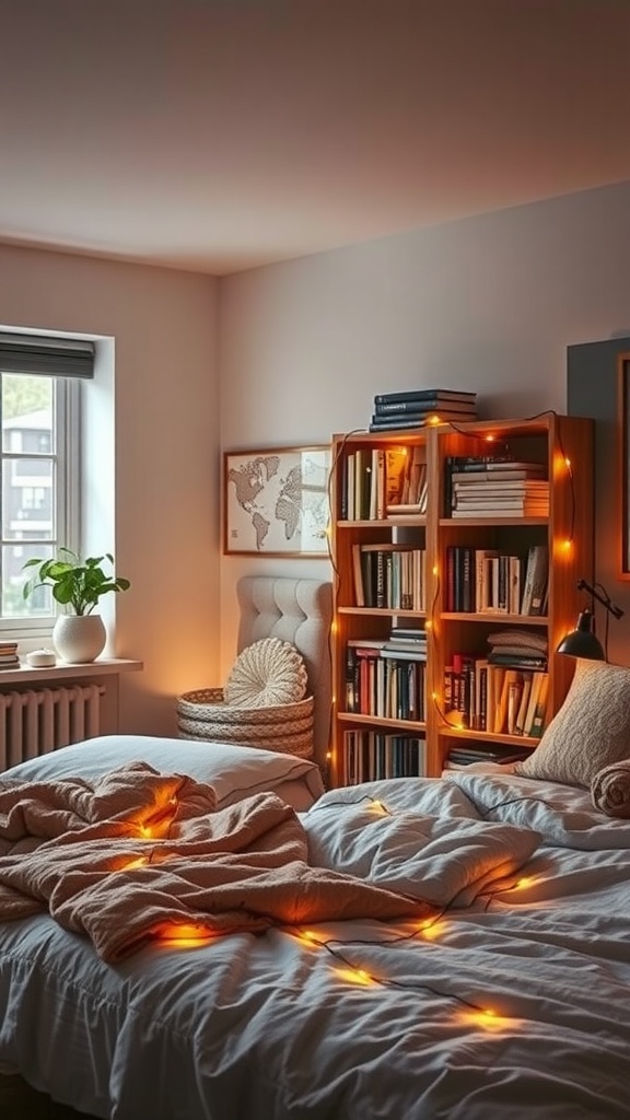 Cozy bedroom with warm lighting from fairy lights and a book shelf