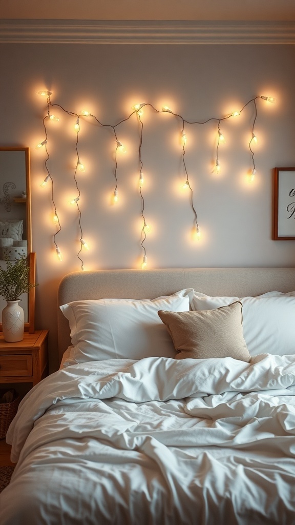 A cozy bedroom with string lights on the wall, soft bedding, and a warm atmosphere.