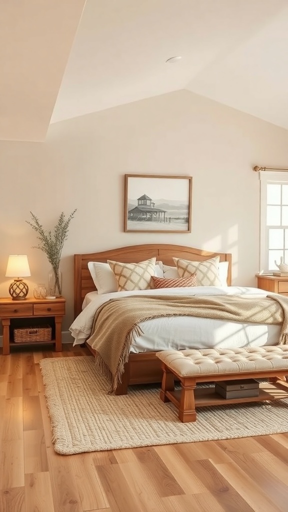 Cozy farmhouse bedroom with warm neutral colors, wooden furniture, and soft textiles.