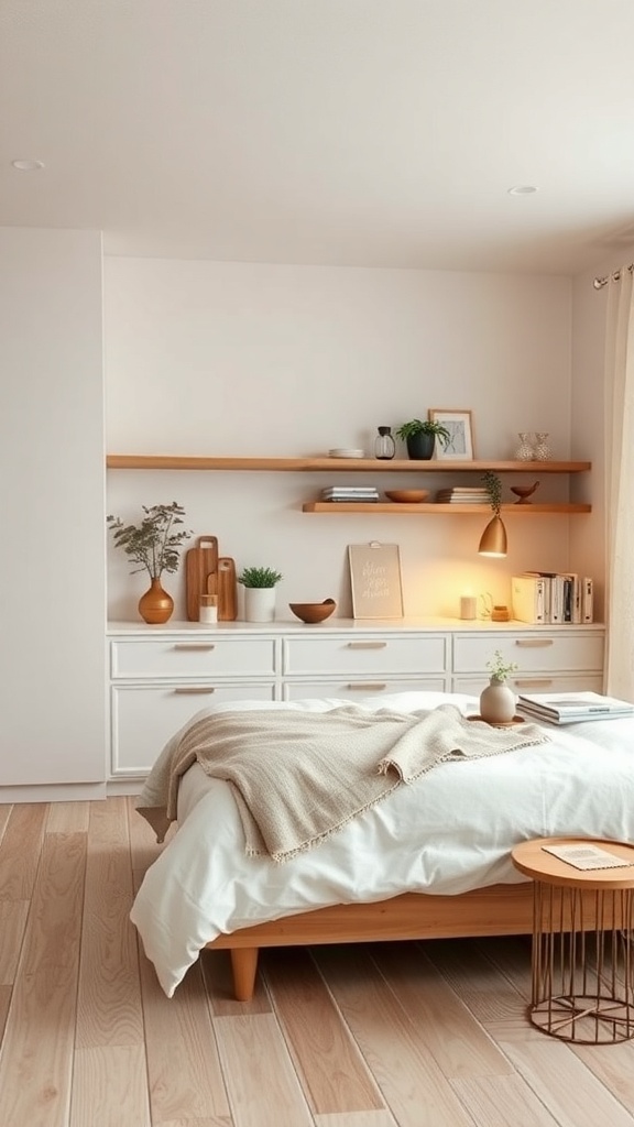 A cozy kitchen with a warm neutral color palette featuring light wood furniture and soft textiles.