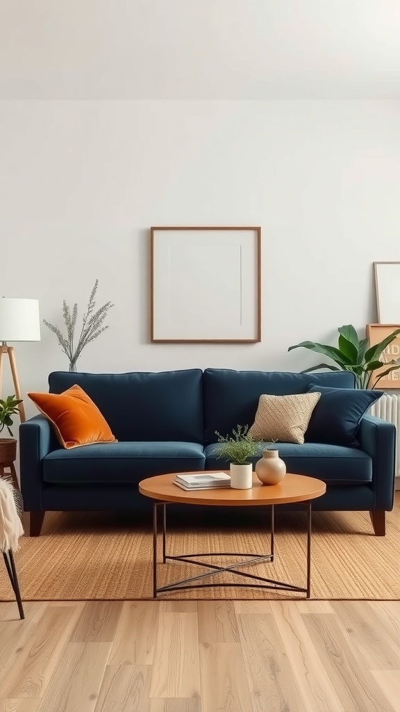 A living room featuring a navy blue sofa with orange and beige cushions, a wooden coffee table, and warm neutral decor elements.