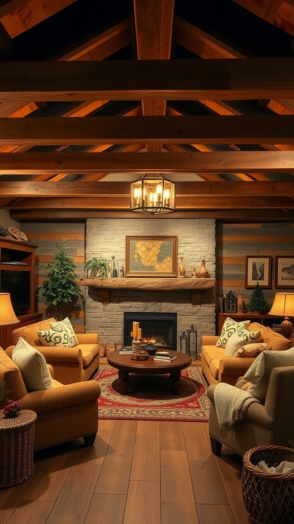 Cozy basement living room with wooden beams, stone fireplace, and warm-toned furniture.