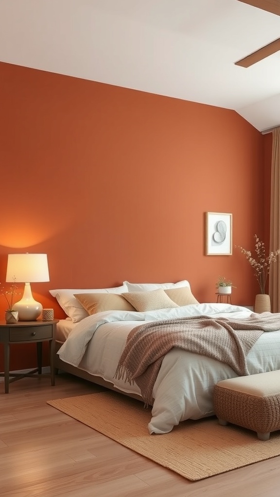 A cozy bedroom featuring a warm terracotta accent wall, soft white bedding, and light wooden floors.