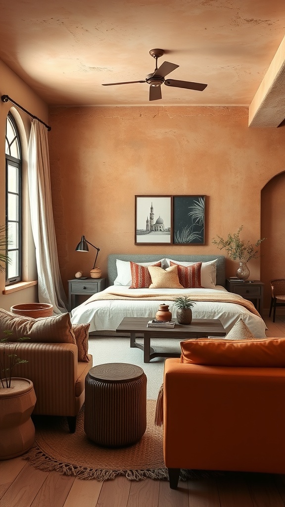 A cozy living room with warm terracotta walls, featuring a bed, orange accents, and natural decor.