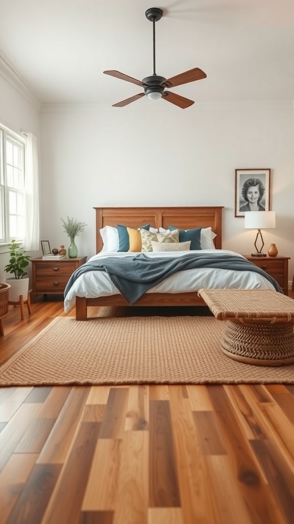 A cozy farmhouse bedroom featuring a warm textured rug, wooden flooring, and a wooden bed frame.