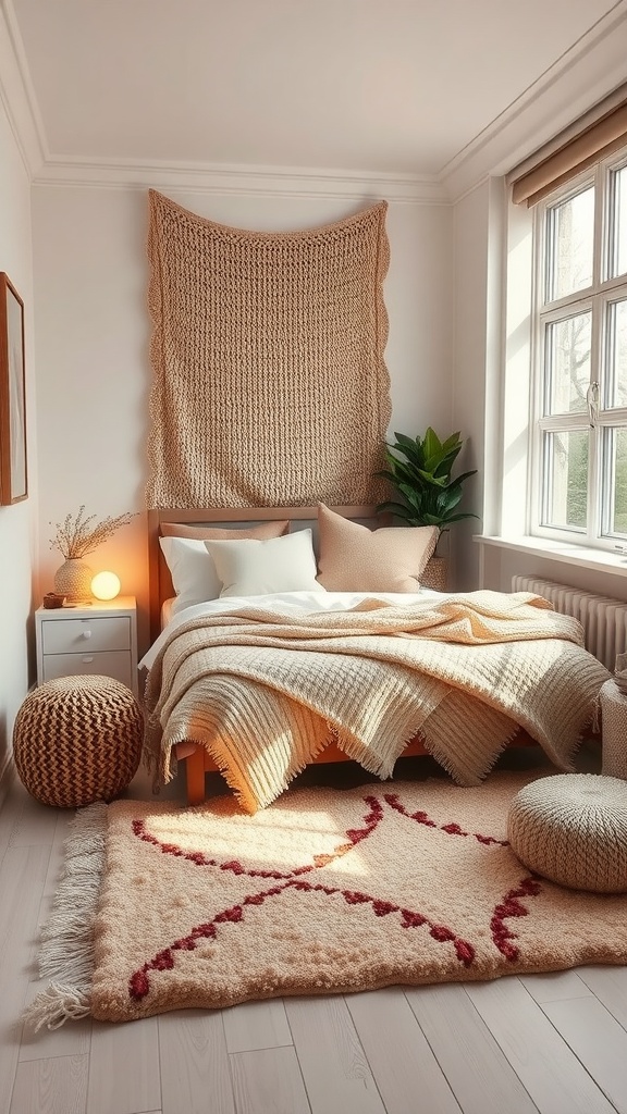 Cozy small bedroom with warm textures, featuring a knitted wall hanging, layered blankets, and soft lighting.