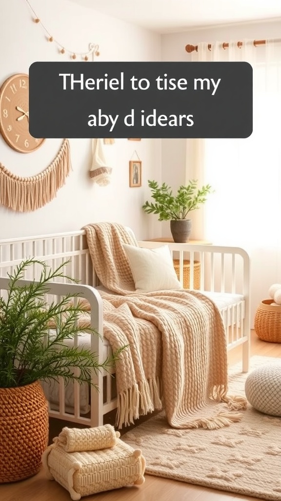 A cozy nursery featuring a crib with a warm throw blanket draped over it, surrounded by plants and soft decor.