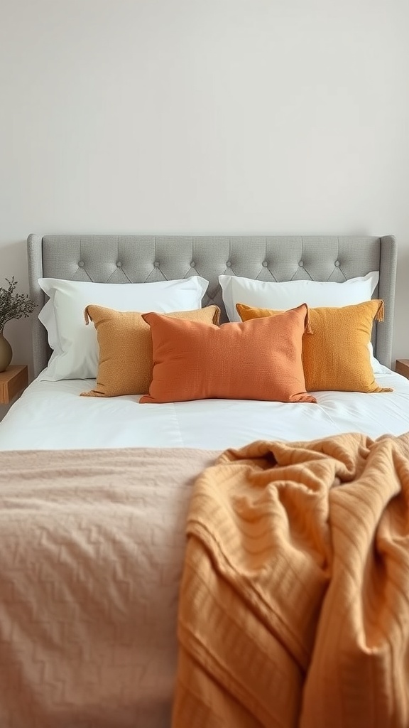 A cozy bed with warm throw pillows in shades of orange and yellow, complemented by a soft blanket.