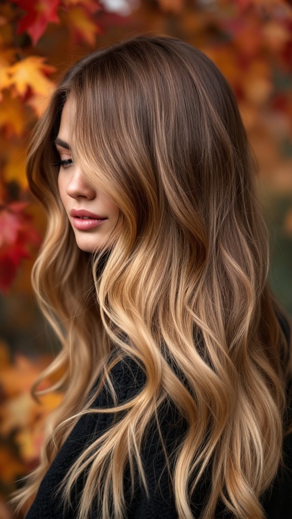 A woman with light brown hair and blonde highlights, with autumn leaves in the background.
