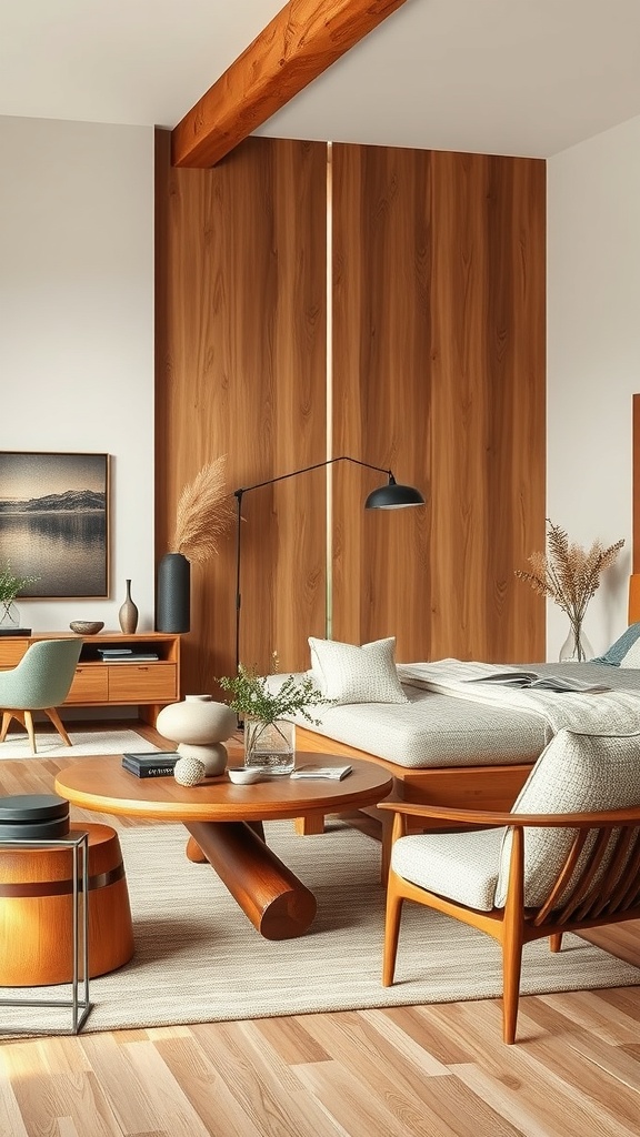 A cozy living room featuring warm wood accents with wooden furniture and beams.