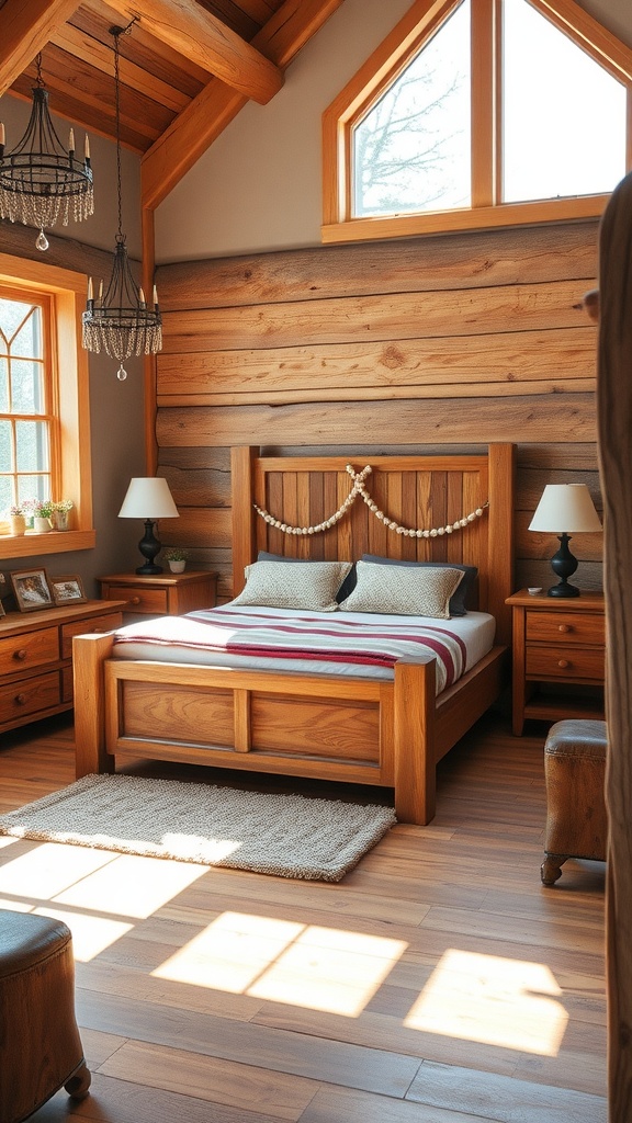 A rustic bedroom featuring wooden accents, large windows, and warm lighting.