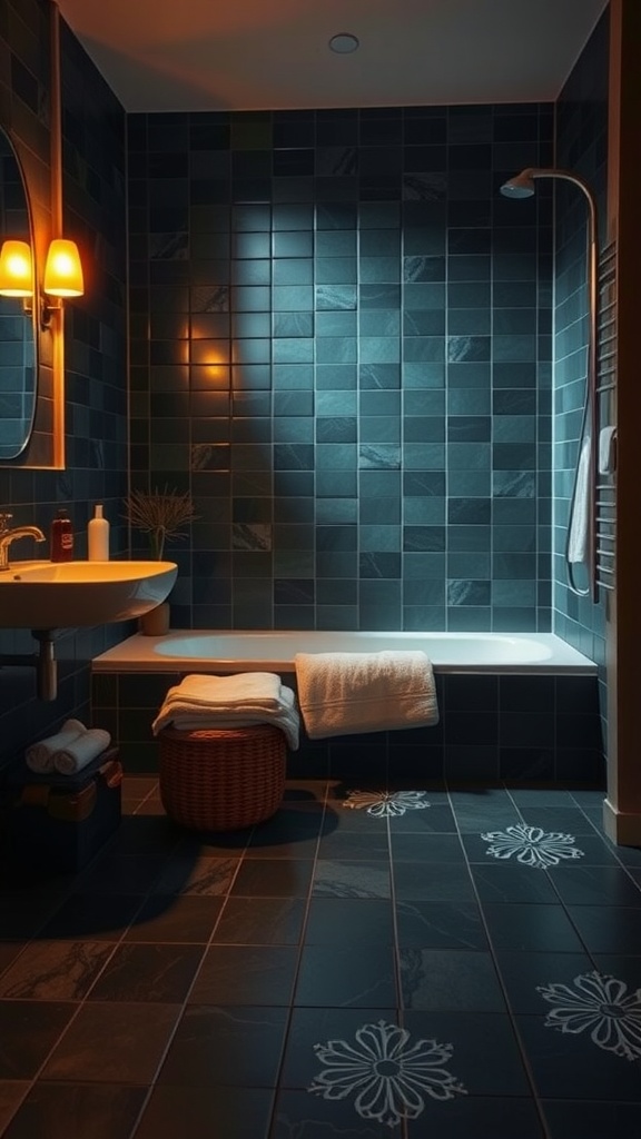A cozy bathroom featuring black tile flooring with floral patterns, warm lighting, and soft textures.