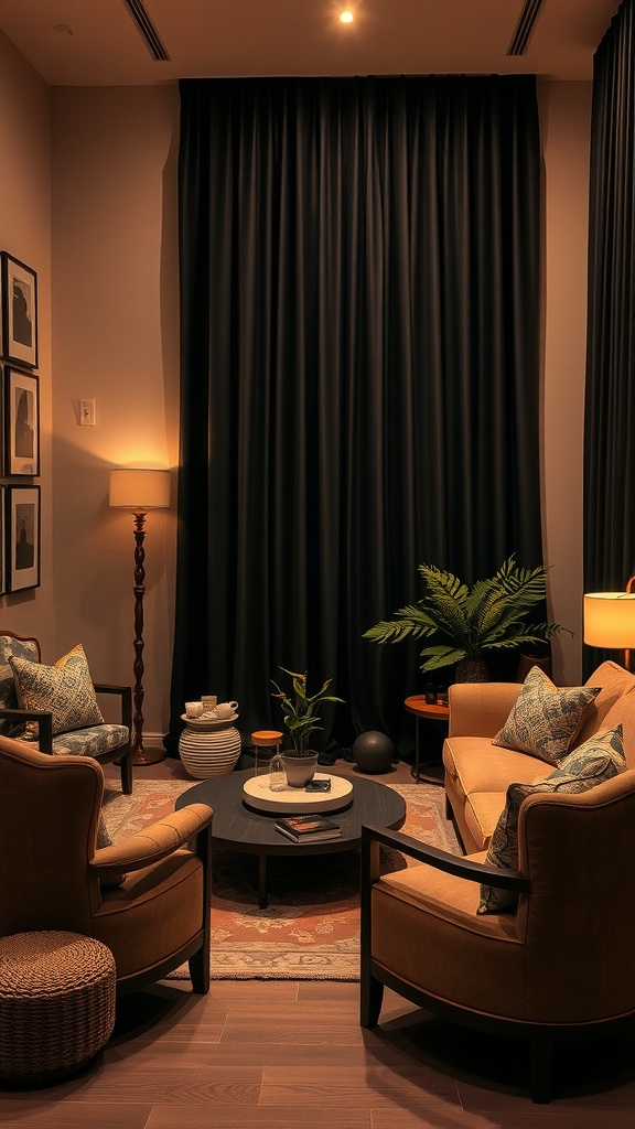A cozy living room featuring black curtains, earthy-toned furniture, and plants.