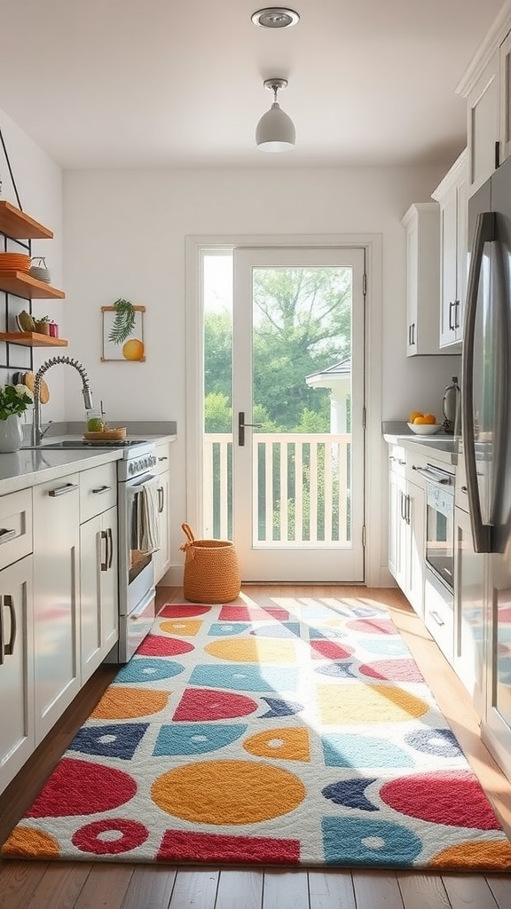 Colorful washable indoor-outdoor rug in a modern kitchen setting.