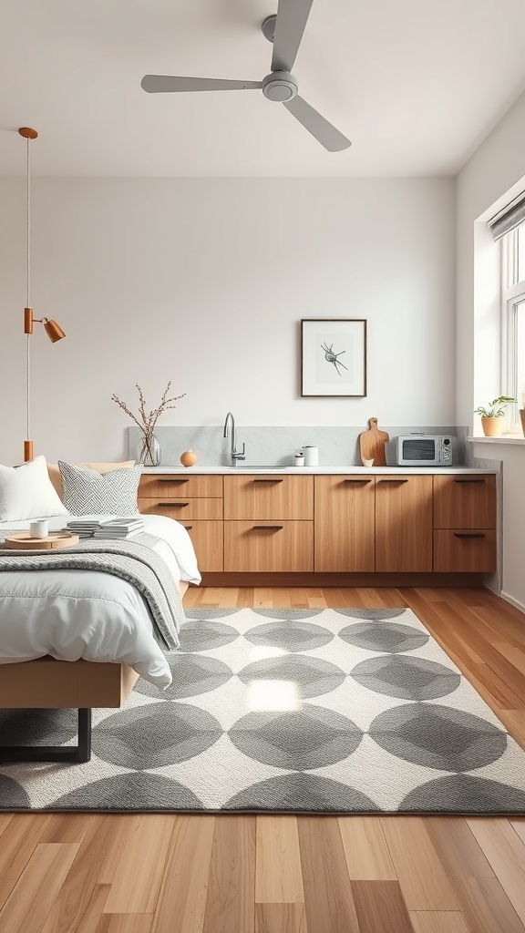 A modern kitchen with a stylish, geometric patterned rug on wooden flooring.