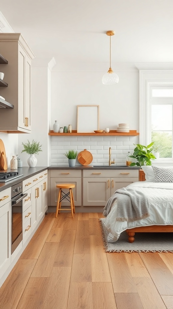 A modern kitchen featuring water-resistant laminate flooring, light cabinetry, and dark countertops.