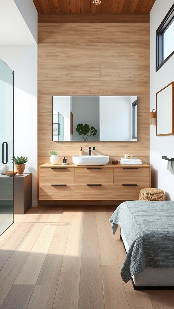 Modern bathroom featuring water-resistant vinyl planks flooring with wooden accents and a clean design.