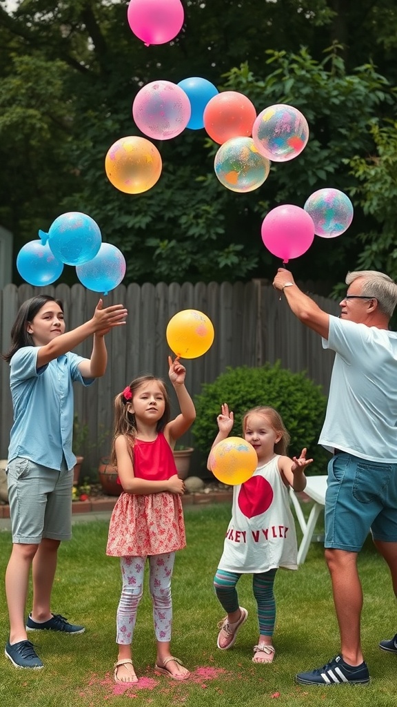 A fun family scene of a water balloon fight for a gender reveal party, with colorful balloons and happy faces.