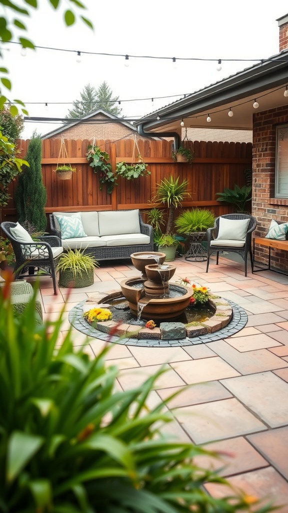 Cozy backyard deck with a tiered fountain and plants