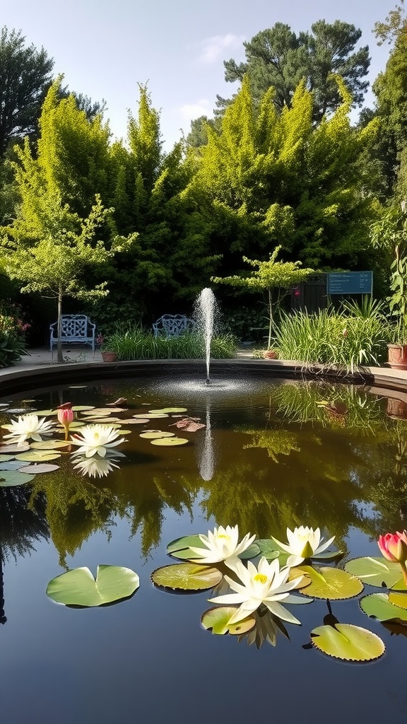 A tranquil pond with lily pads and a fountain surrounded by lush green plants.