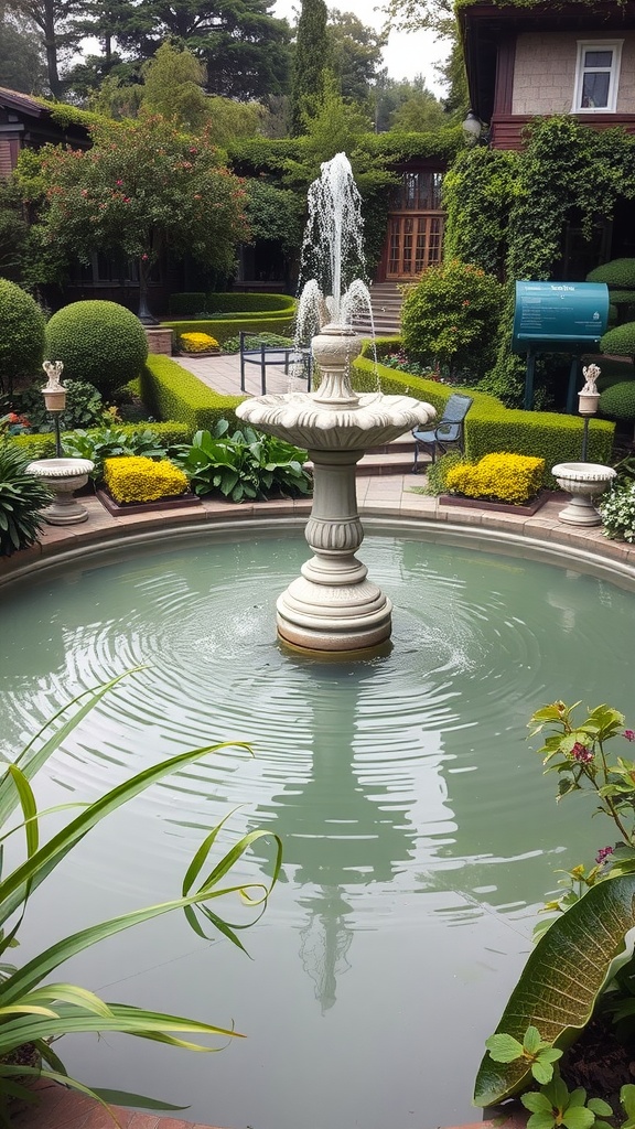 A Victorian-style garden with a central fountain surrounded by greenery and colorful plants.