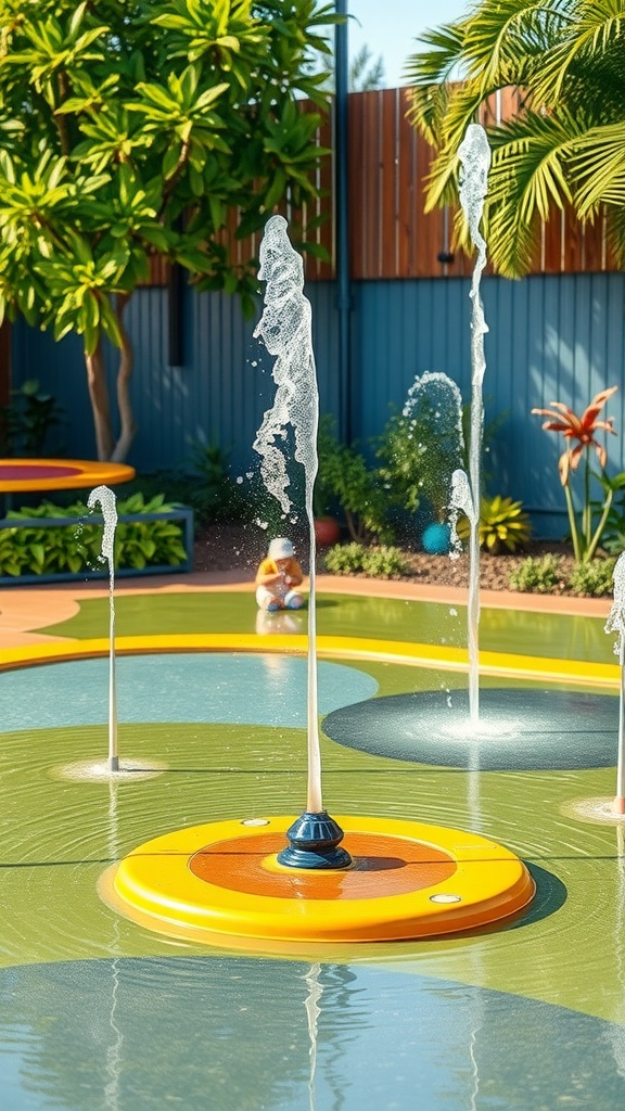 A colorful water play station featuring fountains and a toddler playing in the background.