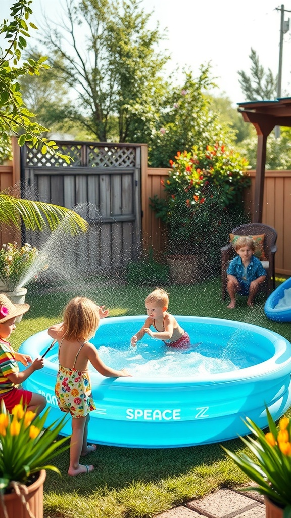 Children playing in an inflatable pool in a sunny backyard