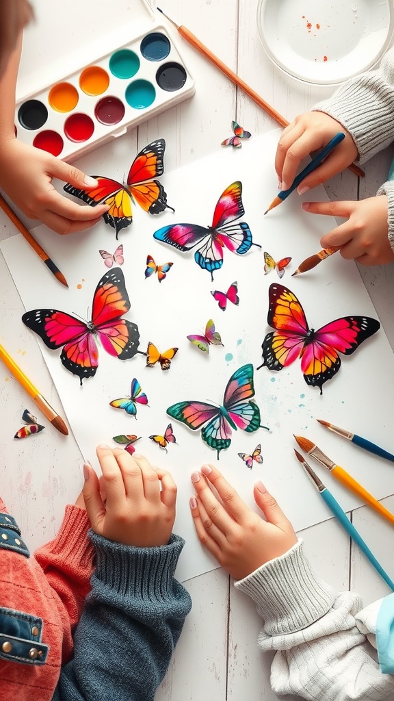 Children creating watercolor butterfly art with paints and brushes